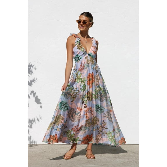 Women's Summer New Printed V-Neck Full Skirt Spaghetti Strap Long Dress