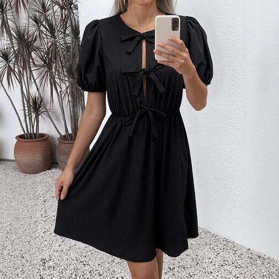 Women's Summer New Retro Striped Round Neck Bow Tie Dress