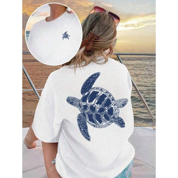 Women's Summer New Simple Cute Turtle Print Casual Vacation Style Loose Versatile Round Neck Apricot Short-Sleeved T-Shirt Fashionable Daily Tops Suitable For Daily Vacation Wear White Top