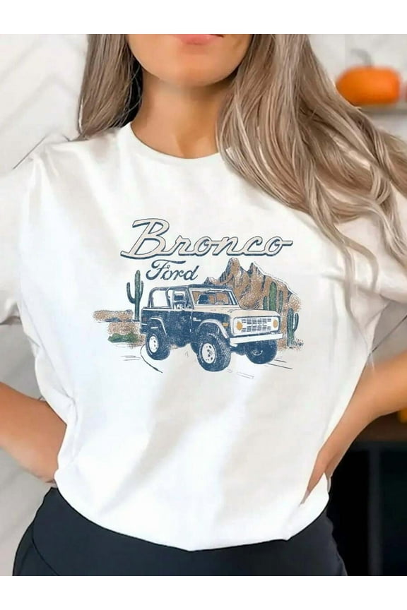 Women's Summer New Simple Print Casual - Bronco SUV Outdoor Desert Landscape T-S Round Neck White Short-Sleeved T-Shirt Fashionable Daily Tops Suitable For Daily Vacation Wear Graphic Tees