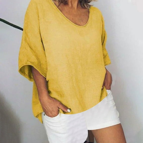 Women's Summer New Solid Color Loose Short-Sleeved Casual Cotton Linen T-Shirt, V-Neck Design, Soft and Breathable Fabric, Relaxed Fit, Ideal for Daily Wear, Comfortable and Lightweight Top