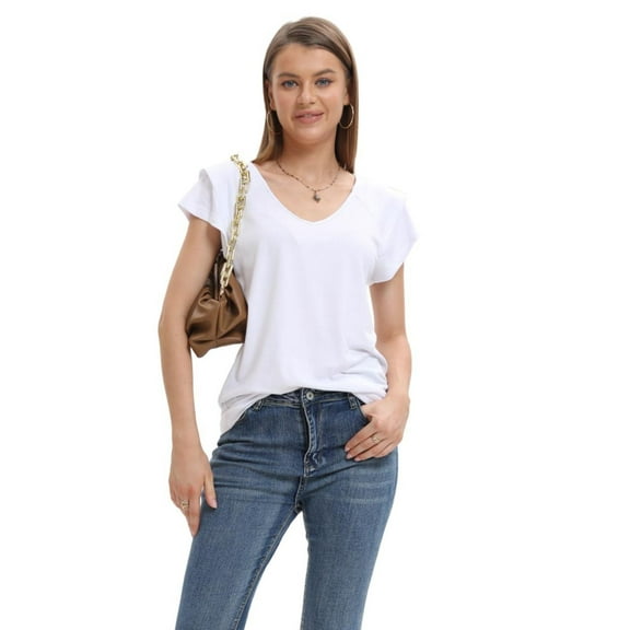 Women's Summer New Solid Color V-Neck Double Layer Ruffled Sleeve Loose Top T-Shirt Casual Women's Shirt