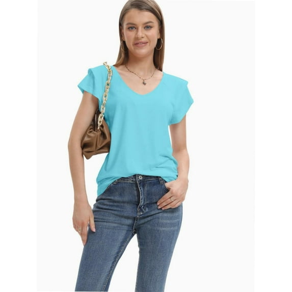 Women's Loose-Fit V-Neck T-Shirt - Summer Short Sleeve Casual Top with Double-Layer Ruffled Hem - Solid Color