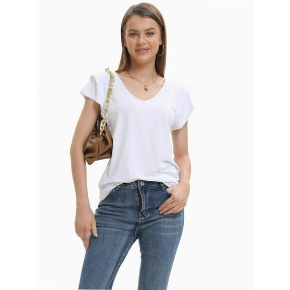 Women's Loose-Fit V-Neck T-Shirt - Summer Short Sleeve Casual Top with Double-Layer Ruffled Hem - Solid Color