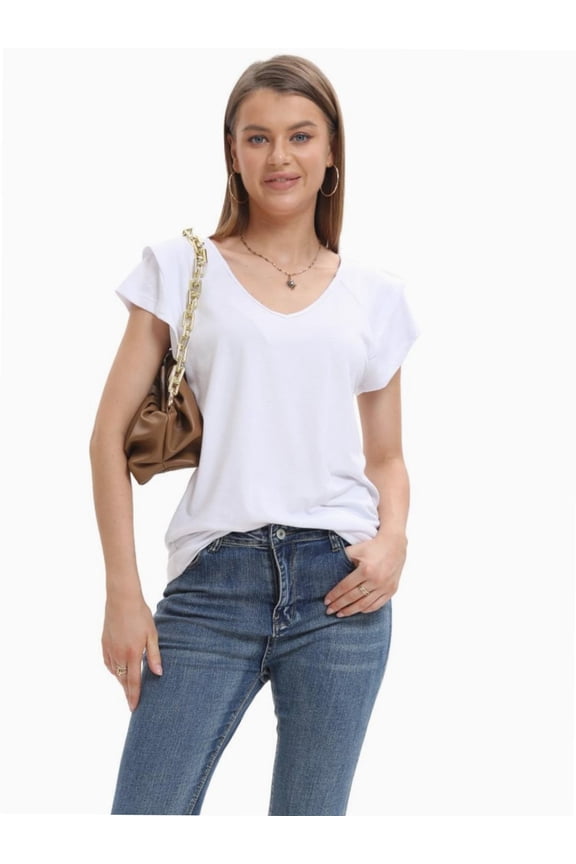 Women's Loose-Fit V-Neck T-Shirt - Summer Short Sleeve Casual Top with Double-Layer Ruffled Hem - Solid Color