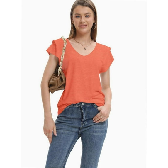 Women's Loose-Fit V-Neck T-Shirt - Summer Short Sleeve Casual Top with Double-Layer Ruffled Hem - Solid Color