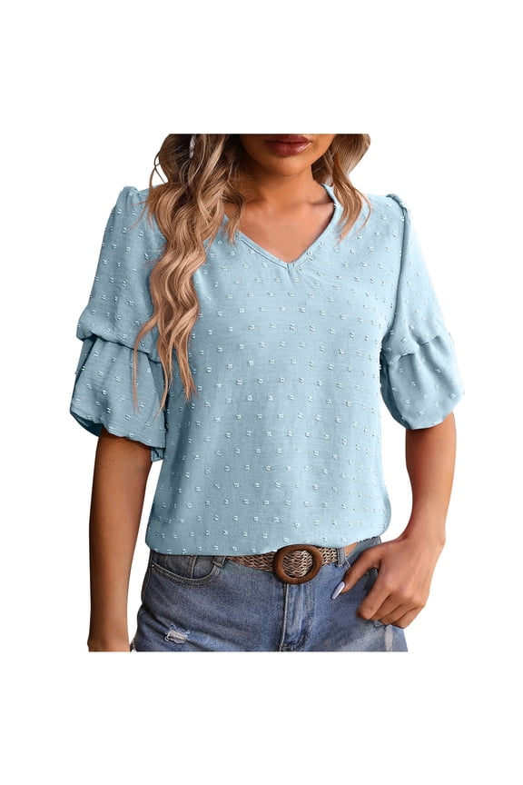 Women's Summer New V Neck Chiffon Top Bubble Sleeve Shirt