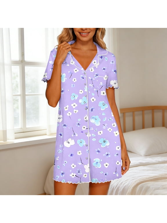 Women's Summer Nightgowns Button Down Lapel Collar Short Sleeve Sleep Shirt Pajama Dress Casual Printed Oversized Lightweight Comfy Loungwear Nightgown