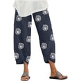 thumbnail image 1 of Women's Summer Nine-Point Pants Trendy Flower Print Embroidery Elastic Waist Wide Leg Pants Loose Comfy Cool Casual Pant, 1 of 6