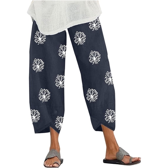 Women's Summer Nine-Point Pants Trendy Flower Print Embroidery Elastic Waist Wide Leg Pants Loose Comfy Cool Casual Pant