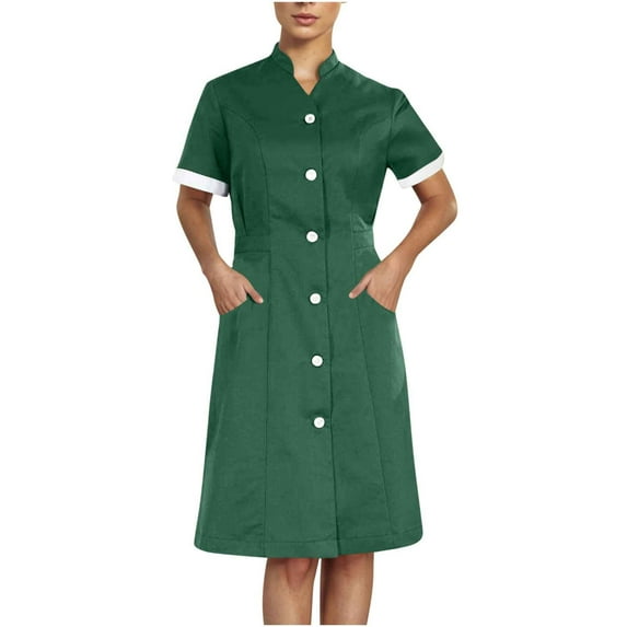 Women's Summer Nurse Dress 2025 Fashion Button Front Short Sleeve Uniform with Pockets Scrubs Workwear Dresses