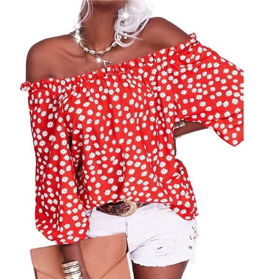 Women's Summer Off Shoulder Blouse Floral Print Sleeve Casual Chiffon Top Shirt