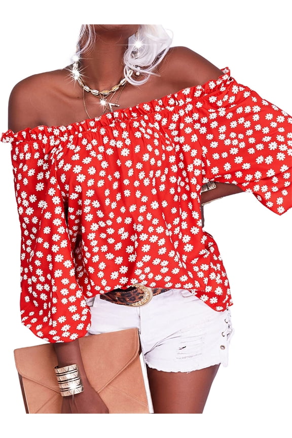 Women's Summer Off Shoulder Blouse Floral Print Sleeve Casual Chiffon Top Shirt