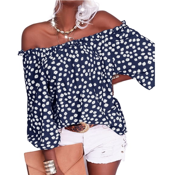 Women's Summer Off Shoulder Blouse Floral Print Sleeve Casual Chiffon Top Shirt