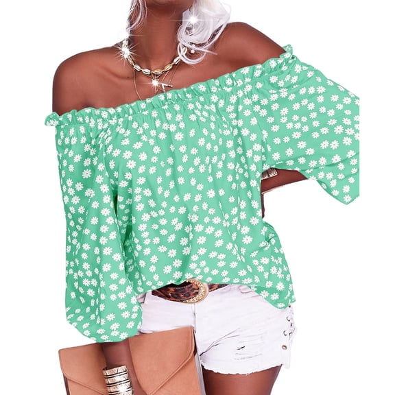 Women Summer Off Shoulder Blouse Floral Print Sleeve Casual Chiffon Top Shirt