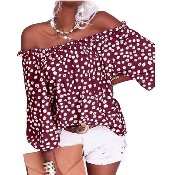 Women's Summer Off Shoulder Blouse Floral Print Sleeve Casual Chiffon Top Shirt