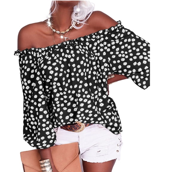 Women's Summer Off Shoulder Blouse Floral Print Sleeve Casual Chiffon Top Shirt