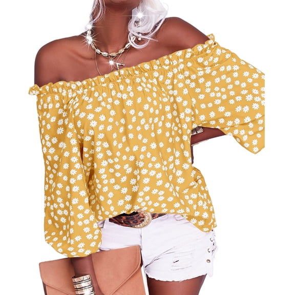 Women's Summer Off Shoulder Blouse Floral Print Sleeve Casual Chiffon Top Shirt