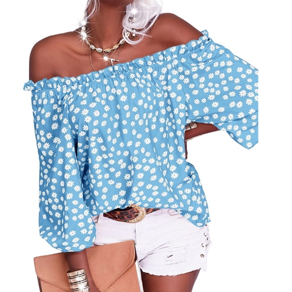 Women's Summer Off Shoulder Blouse Floral Print Sleeve Casual Chiffon Top Shirt