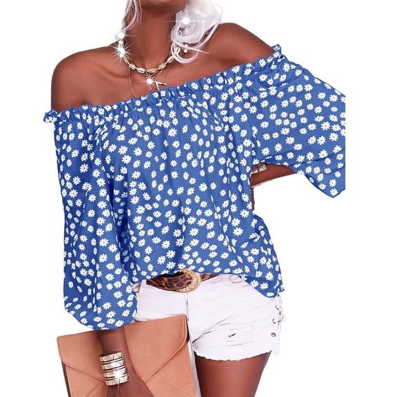 Women Summer Off Shoulder Blouse Floral Print Sleeve Casual Chiffon Top Shirt