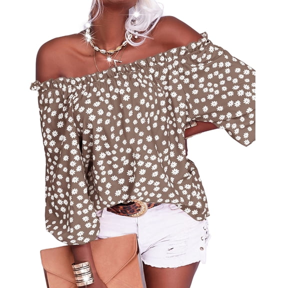Women's Summer Off Shoulder Blouse Floral Print Sleeve Casual Chiffon Top Shirt