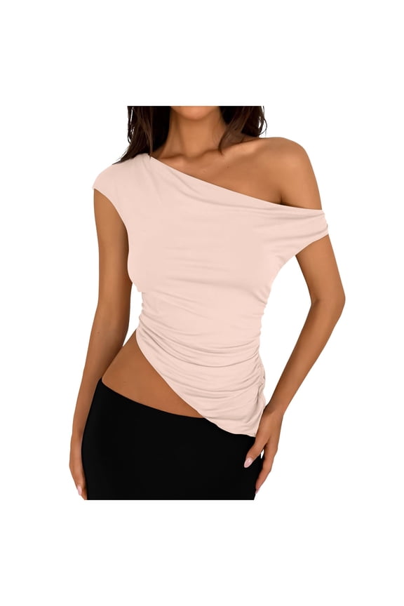 Women's Summer Off Shoulder Cropped T-Shirt Asymmetric Pleated One Shoulder Casual Tank Top 2024 Fashion