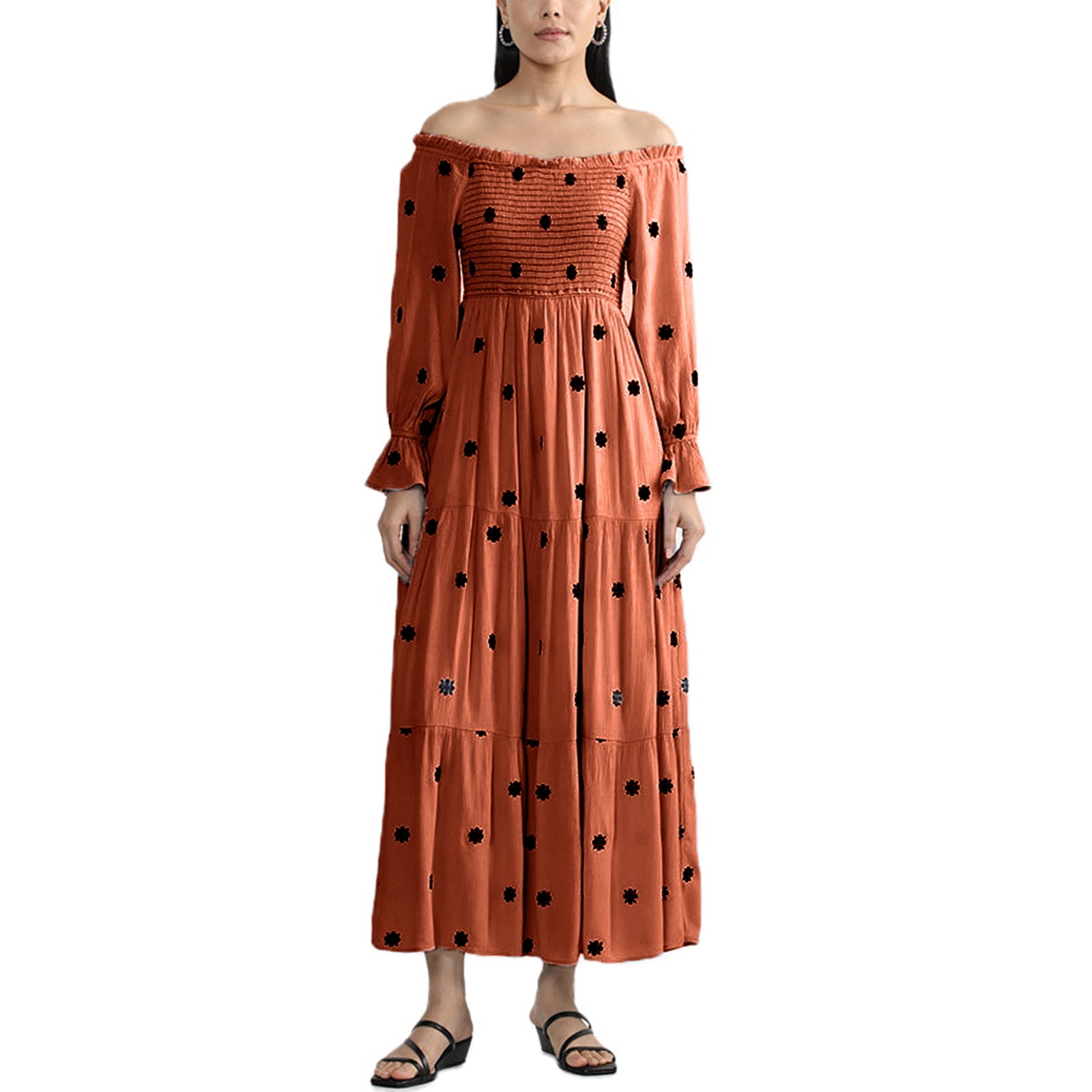 Women's Flower Print Long Sleeve Slit Dress