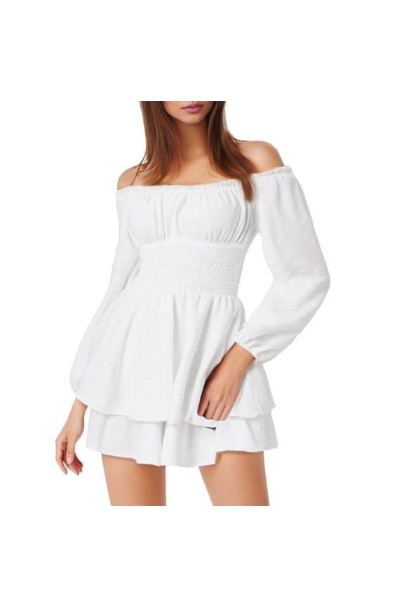 Women's Summer Off Shoulder Ruffle Mini Dress Square Neck Layered Flowy Swing Short Sleeve Casual Beach Boho Dress