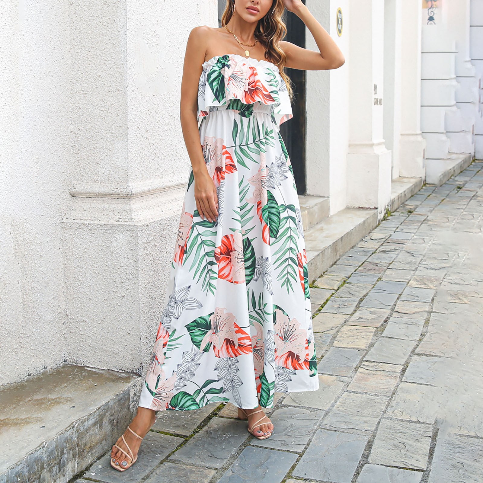 Women s Summer Off The Shoulder Maxi Dress Ruffle Strapless Blue