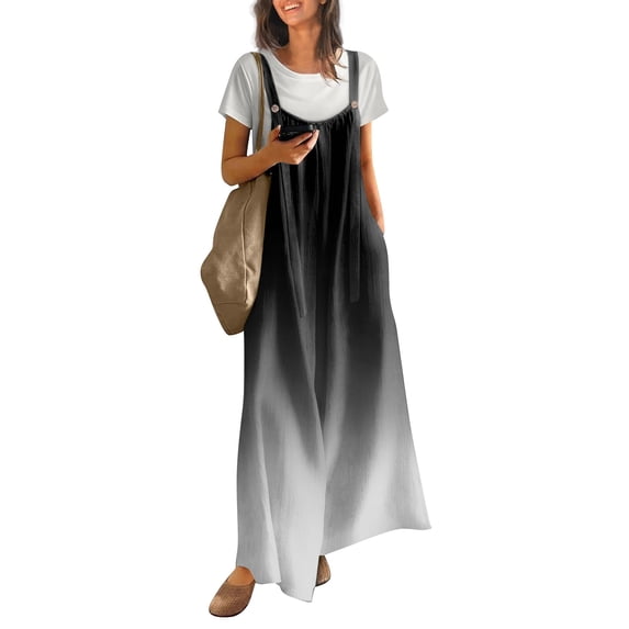 Women's Summer Ombre Gradient Jumpsuit, Casual Wide Leg Bib Overalls with Pockets, Loose Fit Sleeveless Boho Rompers Long Pants