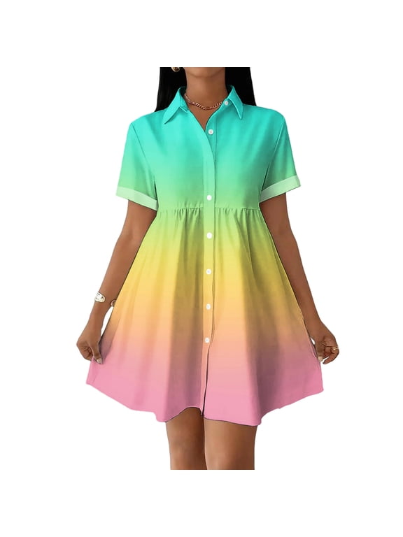 Women's Summer Ombre Shirt Dress, Sexy Button Down Lapel Neck Mini Dress, Casual Gradient Print Babydoll Dress