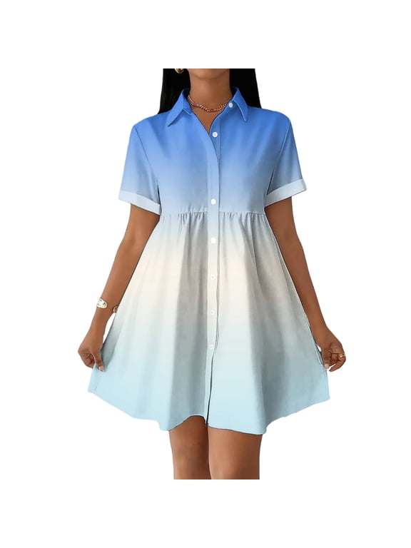 Women's Summer Ombre Shirt Dress, Sexy Button Down Lapel Neck Mini Dress, Casual Gradient Print Babydoll Dress