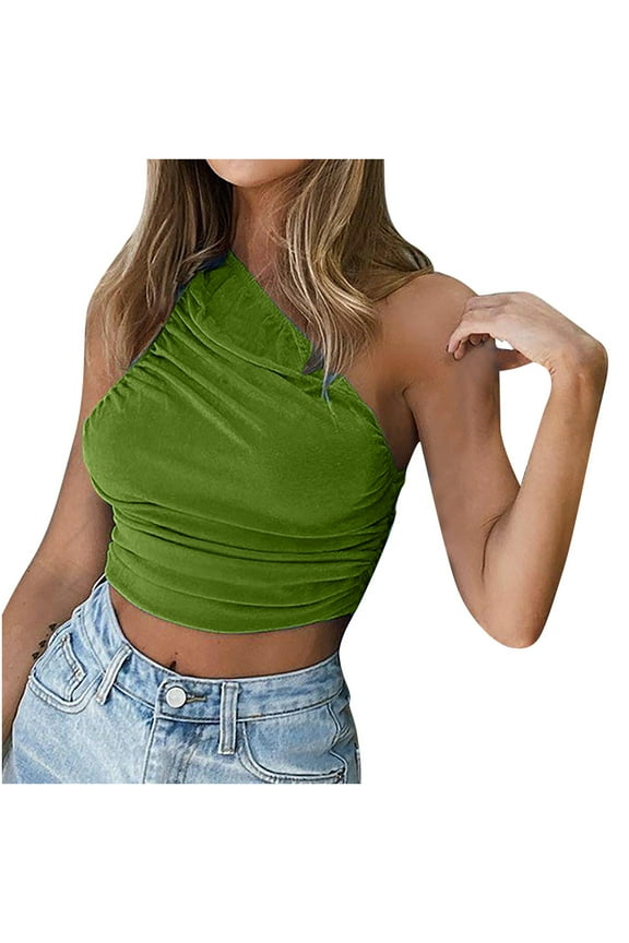 Women's Summer One Shoulder Crop Tops Sleeveless Solid Color Ruched Tank Tops Vest Blouses for Beach, Holiday