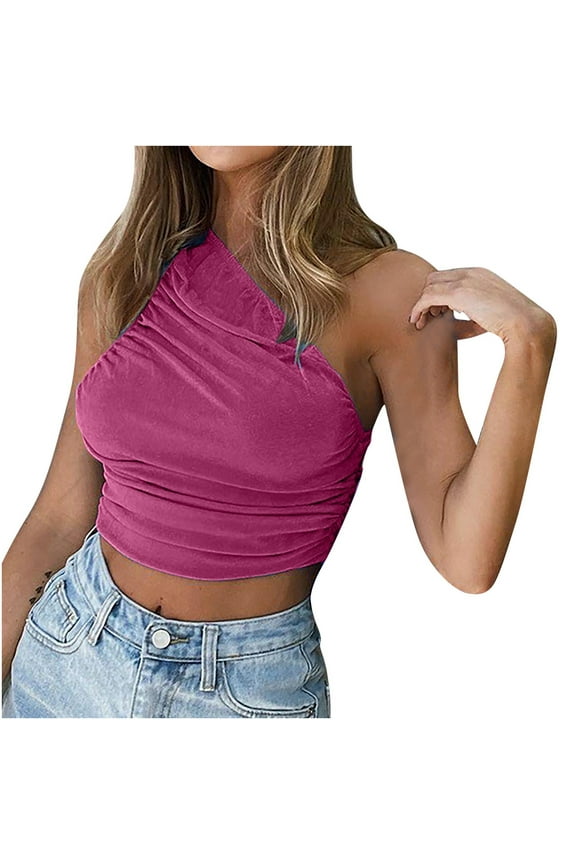 Women's Summer One Shoulder Crop Tops Sleeveless Solid Color Ruched Tank Tops Vest Blouses for Beach, Holiday