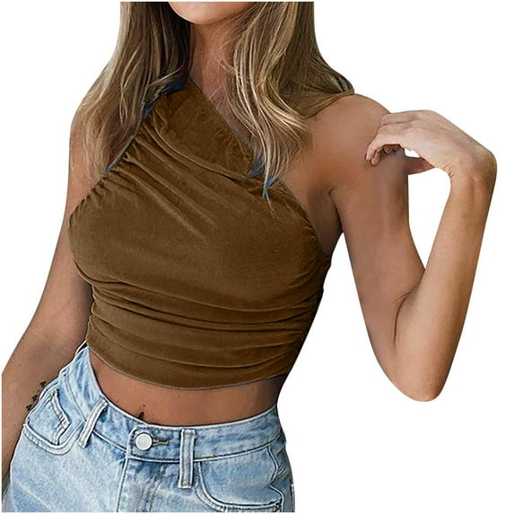 Women's Summer One Shoulder Crop Tops Sleeveless Solid Color Ruched Tank Tops Vest Blouses for Beach, Holiday
