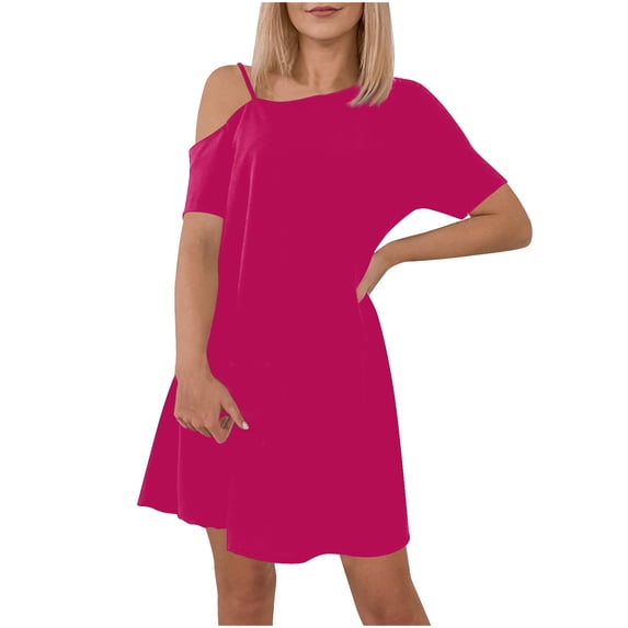 ZQUUVOU Women's Summer One Shoulder Dress Pleated A Line Solid Color Short Sleeve Dress Hot Pink