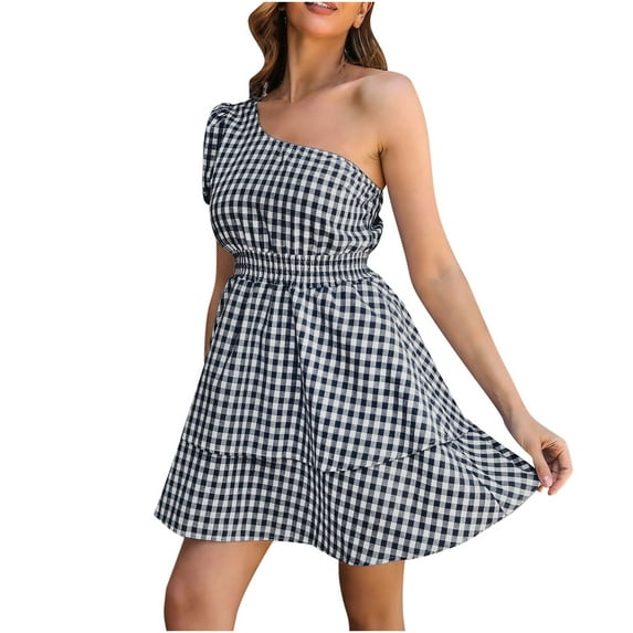 Women's Summer One Shoulder Plaid Mini Dress Short Sleeve Tiered A Line Swing Boho Beach Sundress Short Party Dress
