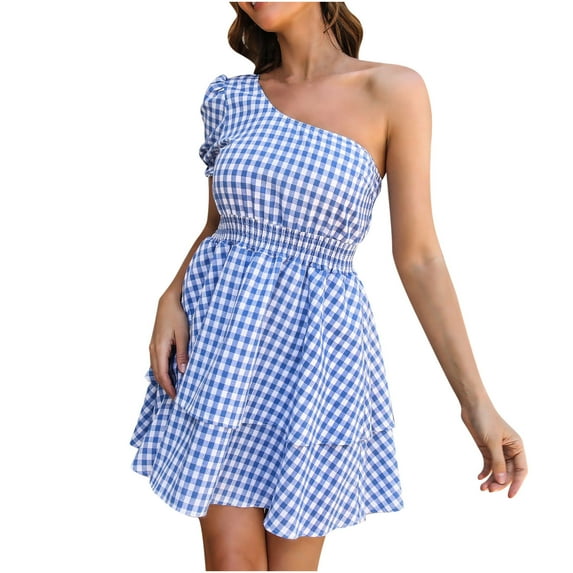 Women's Summer One Shoulder Plaid Mini Dress Short Sleeve Tiered A Line Swing Boho Beach Sundress Short Party Dress