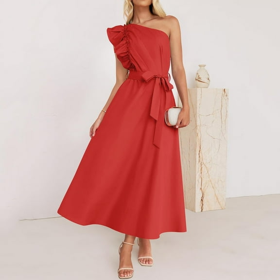 Women's Summer One Shoulder Ruffle Dress Sleeveless Boho Flowy Maxi Dresses Maxi Dresses for Women Casual Summer High Low Dresses for Women Maxi Dress Women Womens Short Dresses Casual Summer Dresses