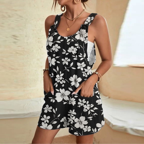 Women's Summer Oneise Romper Casual Tie Strap Floral Print Short Jumpsuit with Pocket Loose Wide Leg Athletic Playsuit, Black, S