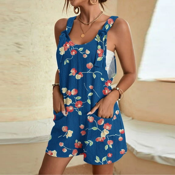 Women's Summer Oneise Romper Casual Tie Strap Floral Print Short Jumpsuit with Pocket Loose Wide Leg Athletic Playsuit, Blue, XXXL