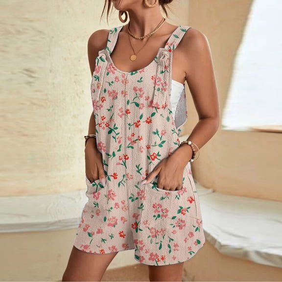 Women's Summer Oneise Romper Casual Tie Strap Floral Print Short Jumpsuit with Pocket Loose Wide Leg Athletic Playsuit, Pink, M