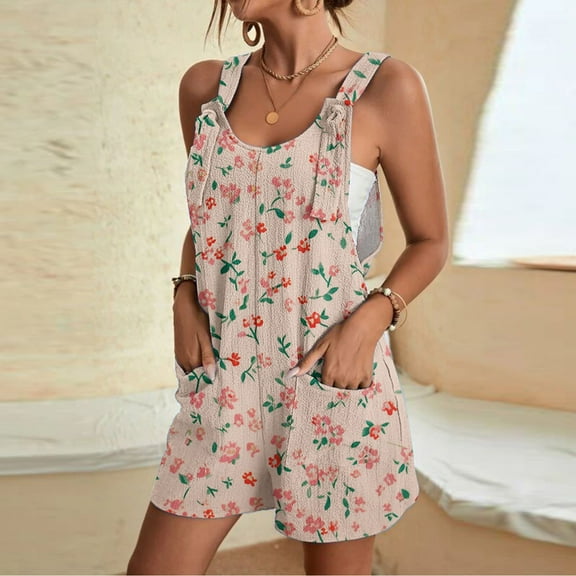 Women's Summer Oneise Romper Casual Tie Strap Floral Print Short Jumpsuit with Pocket Loose Wide Leg Athletic Playsuit, Pink, XL