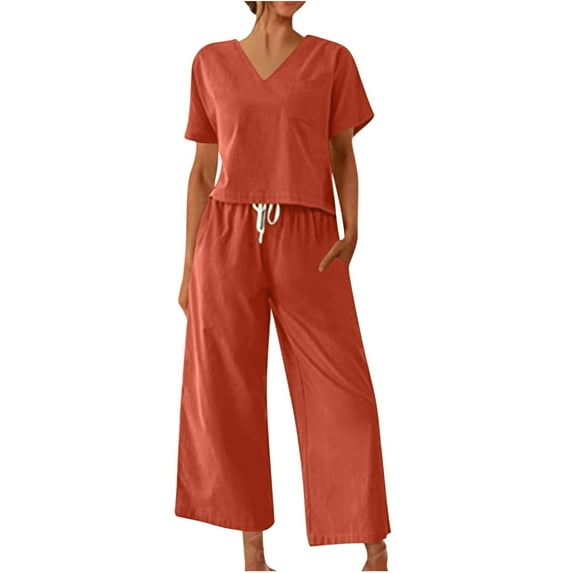 Women's Summer Outfit Women's Summer Outfit Clothing Set Female Round Neck Short Sleeve Tops Pants Sets Full Pant Style S_704 Women's Tracksuits Orange L