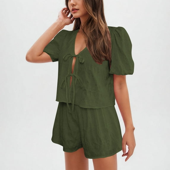 Women's Summer Outfits 2 Piece Shorts Set Cute Puff Short Sleeve V Neck Tie Front Crop Tops and Shorts (L, Army Green)