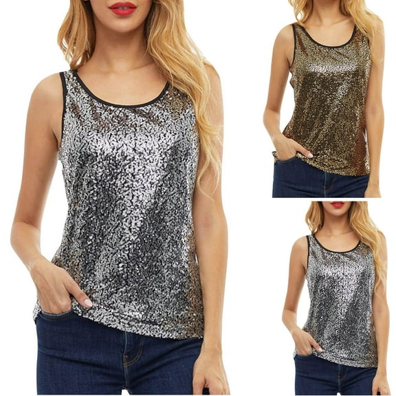 Women's Summer Over Size Trendy Sleeveless Tank Top Blouse New Casual Solid Color Glitter Sequins Dress Vest Round Neck Tank Top