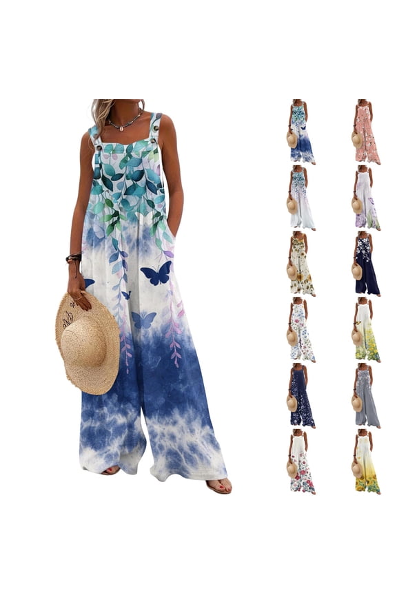 Women's Summer Overalls Jumpsuits Boho Sleeveless Wide Leg Romper with Pockets Pink L