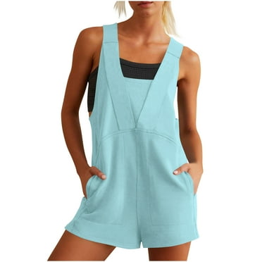 Women's Summer Overalls Square Neck Sleeveless Drawstring Wide Leg Jumpsuit Casual Loose Athletic Trendy Romper with Pockets