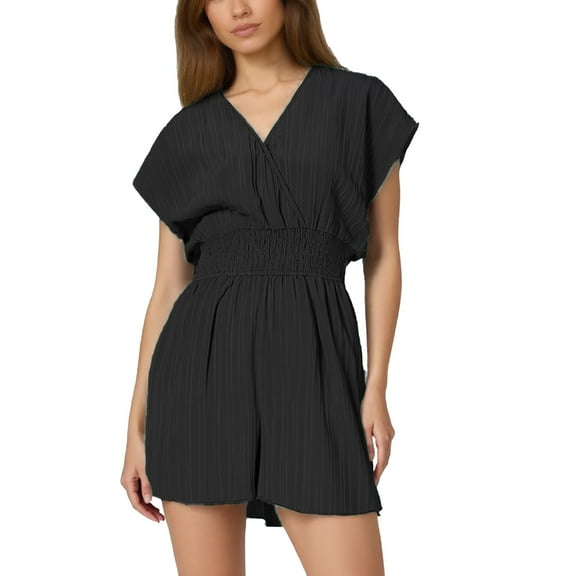 Women's Summer Overalls, V Neck, Short Cap Sleeve Rompers, Elastic High Waist, Wide Leg, Made of 95% Polyester & 5% Spandex, S XL Sizes