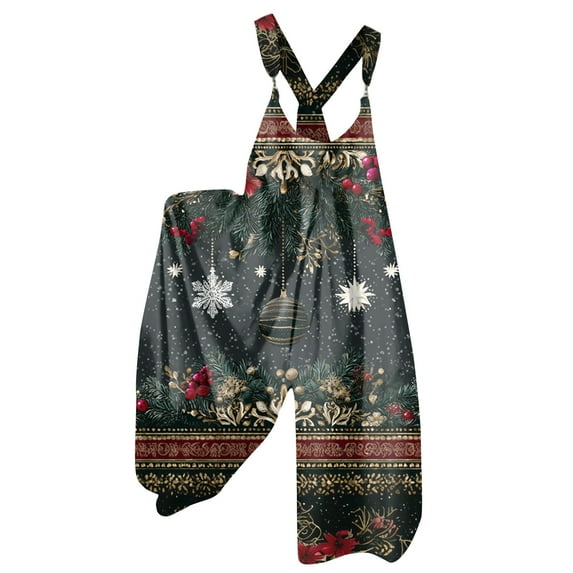 Women's Summer Overalls with Christmas Print - Vintage Jumpsuit (Non-Adjustable Straps), Dark Green, Size XXXL